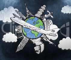 Composite image of landmarks of the world with airplane doodle