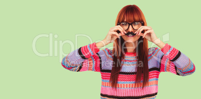 Composite image of smiling hipster woman with a mustache