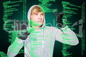 Composite image of man with black gloves hitting glass