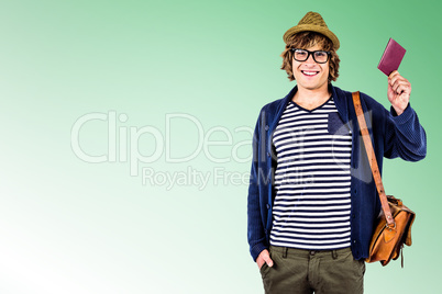 Composite image of smiling hipster holding a leather wallet