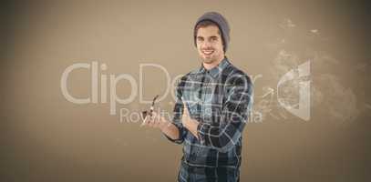 Composite image of portrait of happy man holding smoking pipe