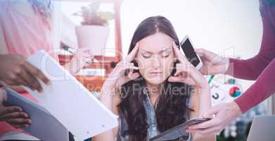 Composite image of depressed businesswoman with eyes closed