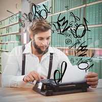 Composite image of hipster using typewriter at desk in office