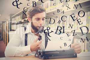 Composite image of hipster with smoking pipe working on typewrit