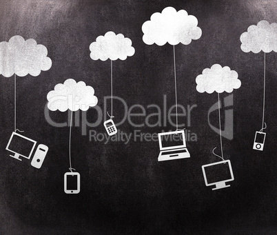 Composite image of media devices hanging from clouds