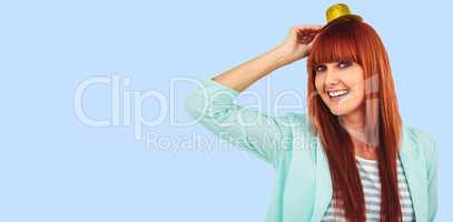 Composite image of smiling hipster woman wearing hat party