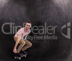 Composite image of businessman smiling while skateboarding