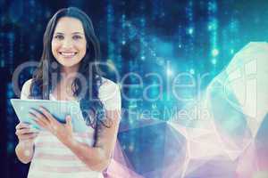 Composite image of woman sitting with tablet