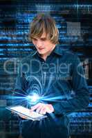 Composite image of hipster businessman using tablet