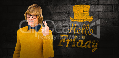 Composite image of portrait of hipster crossing his fingers