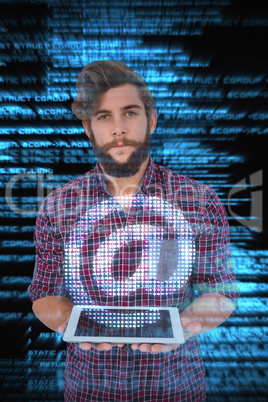 Composite image of portrait of hipster holding digital tablet