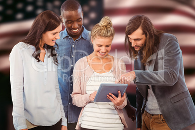 Composite image of happy woman holding digital tablet and discus