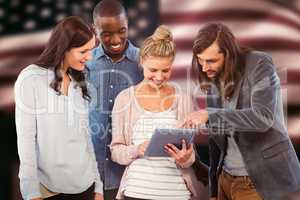 Composite image of happy woman holding digital tablet and discus