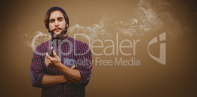 Composite image of portrait of confident hipster holding smoking