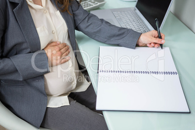 Pregnant businesswoman writing in folder