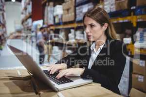 Warehouse manager using laptop