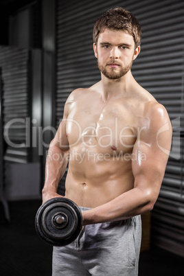 Shirtless man lifting heavy dumbbell