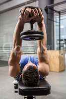 Muscular man on bench lifting dumbbell