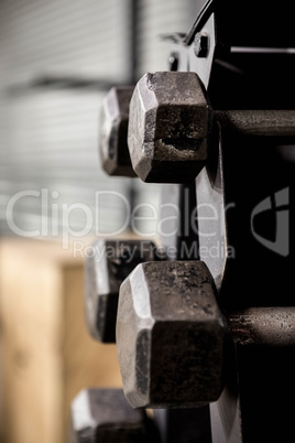 Close up of dumbbells rack