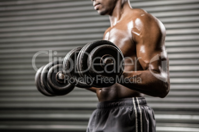 Shirtless man lifting heavy dumbbells