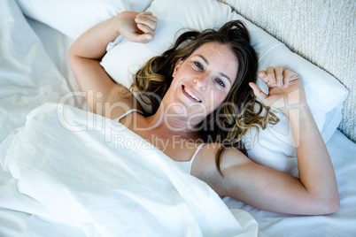 smiling woman, waking up in the  morning