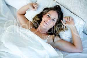 smiling woman, waking up in the  morning