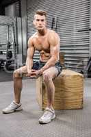 Shirtless man sitting on wooden block