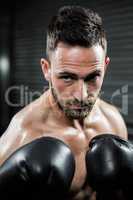 Determined shirtless man with boxe gloves