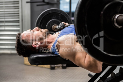 Muscular man on bench lifting barbell