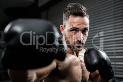 Determined shirtless man with boxe gloves hitting