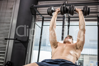 Shirtless man lifting heavy dumbbells on bench