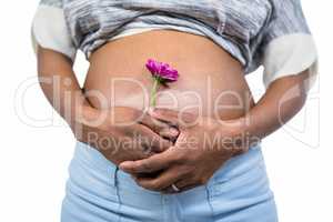 Pregnant woman with flower touching her belly