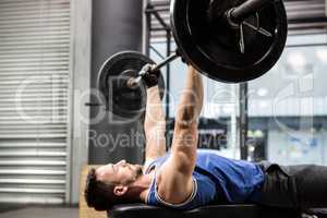 Muscular man on bench lifting barbell