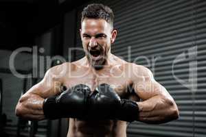 Angry shirtless man with boxe gloves shouting