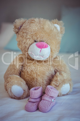 View of teddy bear and baby socks