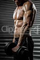 Mid section of shirtless man lifting heavy dumbbell