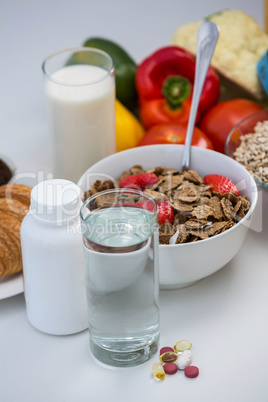 View of bowl of cereals, pills and food