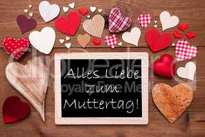 One Chalkbord, Many Red Hearts, Muttertag Means Mothers Day