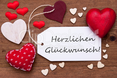 Label With Red Hearts, Glueckwunsch Means Congratulations