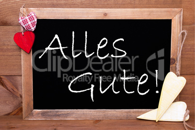 One Chalkbord, Red And Yellow Hearts, Alles Gute Means Congratulations