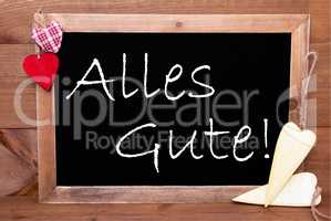 One Chalkbord, Red And Yellow Hearts, Alles Gute Means Congratulations