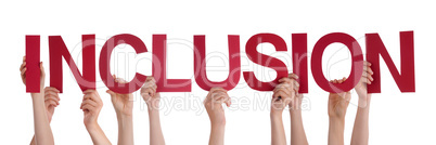 Many People Hands Holding Red Straight Word Inclusion