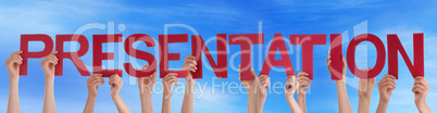 Many People Hands Holding Red Straight Word Presentation Blue Sk