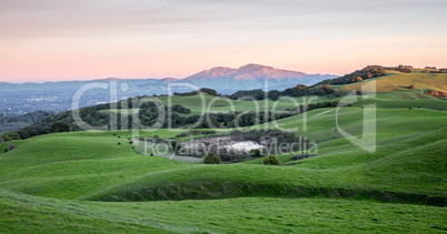 Sunset over Rolling Grassy Hills and Diablo Range of Northern California