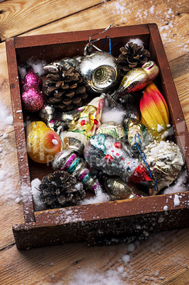 Christmas old wooden box with toys