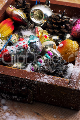 Christmas old wooden box with toys