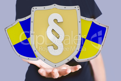 Hand holding protective shield with sign