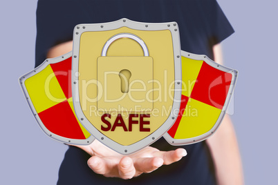 Hand holding protective shield with sign