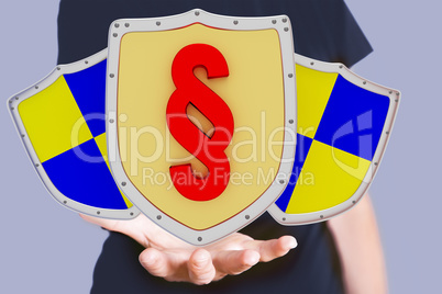 Hand holding protective shield with sign