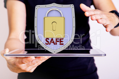 Hand holding tablet pc with protective shield